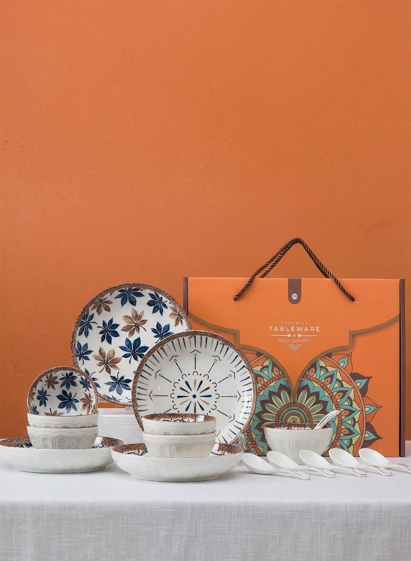 OSSO Ceramic Bowls Gift Set 16 Piece Bohemian Style Porcelain Dinnerware Set Pack of 16 with Spoons Plates Ceramic Gift Set Microwave Safe Underglaze Design for Kitchen Dining Housewarming Entertaining - Image 3
